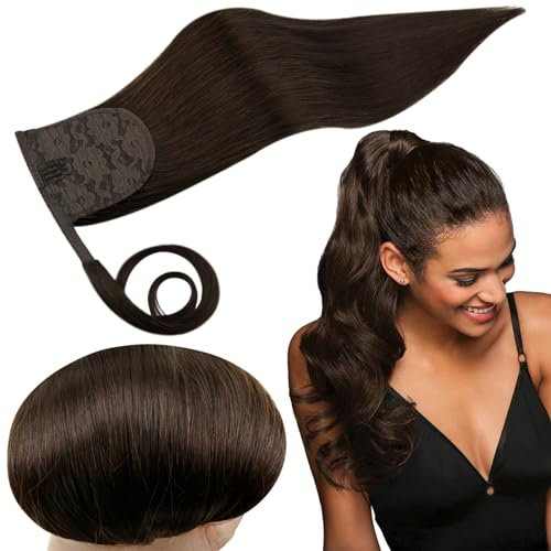 RUNATURE Ponytail Extension Echthaar Braun 30cm Menschliches Haar Pferdeschwanz Haarteil Echthaar Dunkelbraun 70g Echthaar Extensions Zopf Gerade Haarverlängerung #2