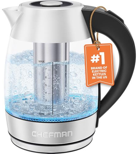 Chefman Electric Glass Kettle, Fast Boiling W/ LED Lights, Auto Shutoff & Boil Dry Protection, Cordless Pouring, BPA Free, Removable Tea Infuser, 1.8 Liters