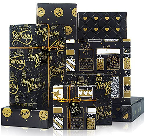 Larcenciel Geburtstag Geschenkpapier Set, Geschenkverpackung Papier 4 Blatt mit 4 Stück Etikett + 1 Rolle Packseil Schwarzgold-Design Geschenkpapier für Abschlussfeiern, Babyparty (70 x 50 cm)