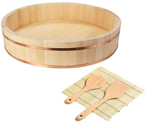 WSHA 4PCS Sushi Rice Bowl Making Serving Accessory Kit with Shovel Roller Shutter and Spoon Wooden Round Hangiri Sushi Rice Mixing Bowl Tub,66cm