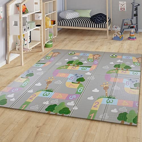 TT Home Kinder Matte Faltbare Spielmatte Krabbelmatte Wendbar Tier Motiv Zahlen, Farbe:Grau Grün Gelb, Größe:150x200 cm