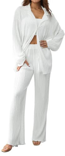 Geagodelia Damen Zweiteiler Plissee Set Elegant Hosenanzug Langarm Revers Bluse + Weites Bein Hose Sommer Herbst Outfit Casual Loungewear Streetwear (Weiß, L)