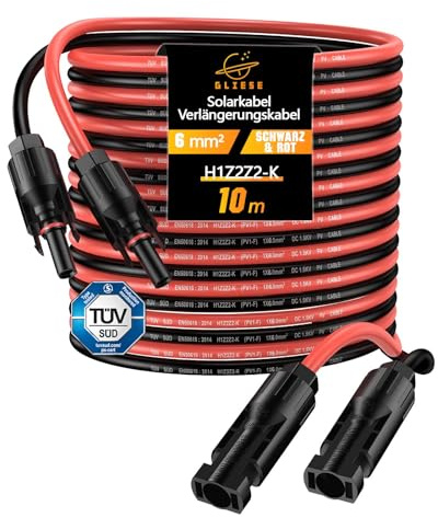 GLIESE Solarkabel 6mm² Kabel,H1Z2Z2-K Solar Verlängerungskabel mit Solarpanel Buchse und Stecker,PV Kabel,Rot+Schwarz Solar Kabel Für Solarpanel Kabel (6mm² x 10m)