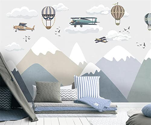 TANYANG Cartoon Wandbild Tapete Mode Kinderzimmer Dekoration 3D Tapete Berge Flugzeug Wolken Landschaft Heißluftballon Kinder Tapete 200Cm(W)×140Cm(H)