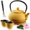 KADAX Cast Iron Teapot with Enamelled Interior 850 ml, Japanese Tea Kettle with Lid, Two Cups, Trivet Stand and Infuser for Loose Leaf (Yellow)