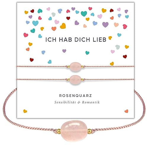 happymaker - Freundschaftsarmbänder 2er Set, Rosenquarz Armband Frauen, Edelstein Armband rosa mit Goldperlen und exklusiver Geschenkverpackung, handmade in Deutschland