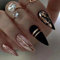 24PCS Long False Nails with Glue Stickers, Almond Full Cover Acrylic Press on Nails no Glue,Black Amber Gold Foil French Fake Nails for Women and Girls Nail Art.