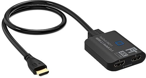 FeinTech SW211 Commutateur HDMI 2.1 4K 120 Hz 2 en 1 Out ou 1 In 2 Out Bi-directionnel avec câble HDMI intégré, 8K, 48 Gbps, répartiteur HDMI, prend en charge HDR, VRR, ALLM et Dolby Vision