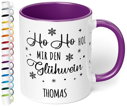 True Statements Lustige Weihnachtstasse mit Namen „Ho Ho hol mir den Glühwein“ - 330ml - personalisierter Keramik Kaffeebecher mit Spruch – Geschenk zu Weihnachten (Violett)