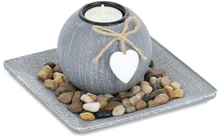 Relaxdays Portacandele Decorativo con Vassoio e Pietre, 15,5 x 15,5 cm, Decorazione per Tavolino e Soggiorno, Grigio, Fibra di Legno