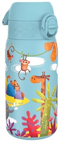 Ion8 Gourde Enfant, Inox Léger, 400ml, Non Isolé, Anti-Fuite, Facile à Ouvrir, Verrouillage Sécurisé, Lavable au Lave-Vaisselle, Poignée de Transport, Acier Inoxydable, Safari