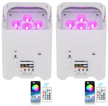 UKing 2PCS 108W RGBW+UV LED Par projecteurs batterie rechargeables APP lumière disco avec télécommande, prend en charge le contrôle DMX 2,4 GHz/DMX pour DJ, fête, mariage - blancs