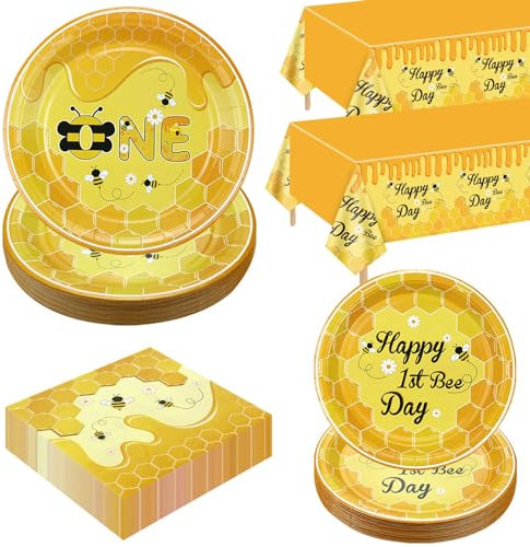 122 Stück Biene Party Dekorationen, erste Biene Tag Party Dekorationen mit Pappteller, Biene Servietten, Biene Tischdecke für Kinder 1. Biene Tag Spaß zu Biene ein, Serviert 40