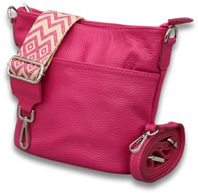 ADEL Damen Umhängetasche Echtes Leder LINA Handgemachte Crossbody Bag 4 Fächer Schultertasche mit Ledergurt + Breitem Gemustertem Riemen wasserdichte Stylische Made in Italy (Pink)