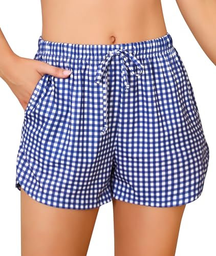 Wikoan Bas de Pyjama à Carreaux Femme Ete Short de Nuit avec Taille élastique Short de Pyjama Léger décontractée Shorts Bleu Foncé XL