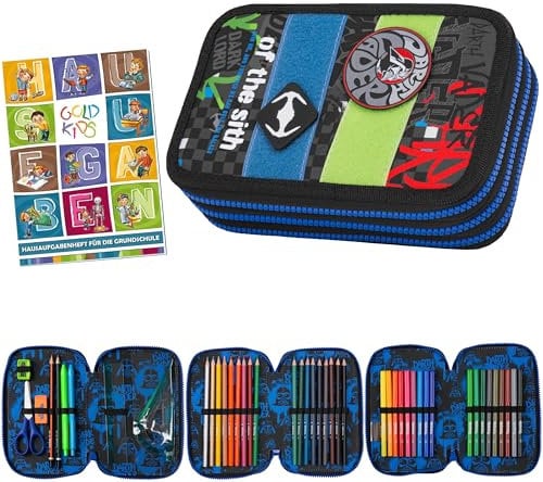 Goldkids - Federmäppchen 3 Fächer - Mäppchen für Mädchen und Jungen - Federmappe 3-Fach Federtasche Gefüllte Schüleretui 46-teilig - Schulmäppchen und Hausaufgabenheft - Star Wars Motiv