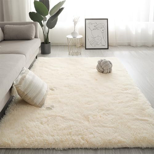 Swsen Tapis de Salon Shaggy Ultra Doux - Moelleux et Lavable - Tapis Moderne pour Chambre avec Dessous Antidérapant, 200 x 300 cm, Blanc Cassé