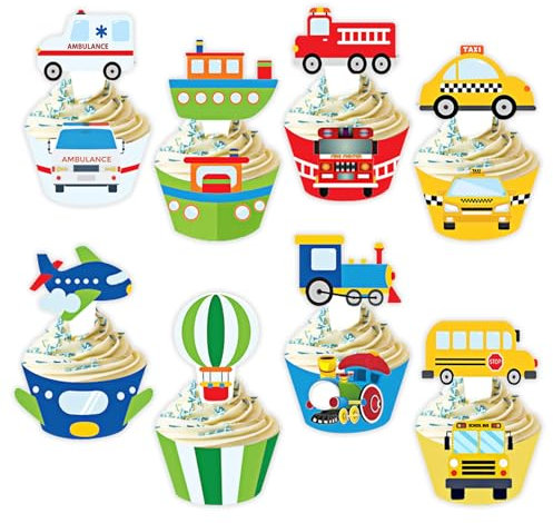 Cupcake-Topper und Wrapper, Set mit 48 Cupcake-Dekorationen, Krankenwagen, Taxi, Schule, Bus, Zug, Flugzeug für Kinder, Jungen, Mädchen, Geburtstag, Babyparty, Partyzubehör