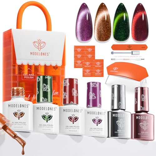 Modelones UV Nagellack Set, Starterset mit Lampe 4 Farben Gel Nagellack Set mit Base Coat und Top Coat Glitzer Lila Braun Gelnägel Starterset Maniküre Set Komplett