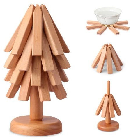 Fzaqwen Wooden Trivets for Hot Dishes - 4 Walnut Wood Trivet Tree Shape Table Insulation Mat Set for Hot Pots and Pans Collapsible Coasters Heat Resistant Pads for Kitchen Counter Beech Wood
