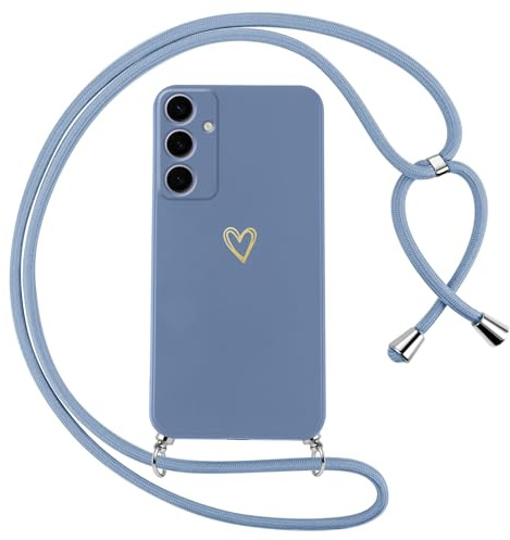 Oelrstfe Coque pour Samsung Galaxy S24 Plus 5G avec Cordon de Collier Étui Housse Souple Silicone avec Motif Coeur et Portable Lanyard Réglable Antichoc Anti-Chute Bandoulière Lanière Case,Bleu