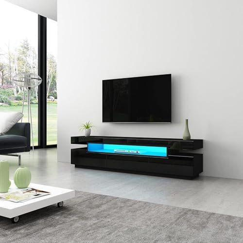 High Gloss TV Stand Cabinet Unit LED with 3 Drawers - Modern 160CM Black Furniture for Living Room & Bedroom Storage Solutions