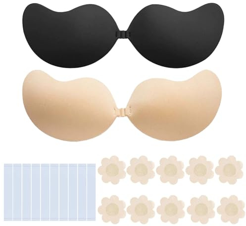 MUNSKT Soutien-Gorge Adhésif Push Up Ensemble, sans Bretelles, avec Adhésives Double Face et Cache-Tétons (FR/ES, Taille de Bonnet & Taille du Soutien-Gorge, A, Standard, Noir & Couleur)