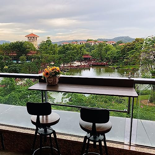 OLSKFUH Balkon-Stehtisch Für Geländer, Terrassentisch, Balkontisch, Klappbarer Wandtisch, Balkon-Hängetisch, 5 Stufen Der Höhenverstellung, Aluminiumrahmen, Geländer/Außen/Klein,Brown-47.2 * 14.6in