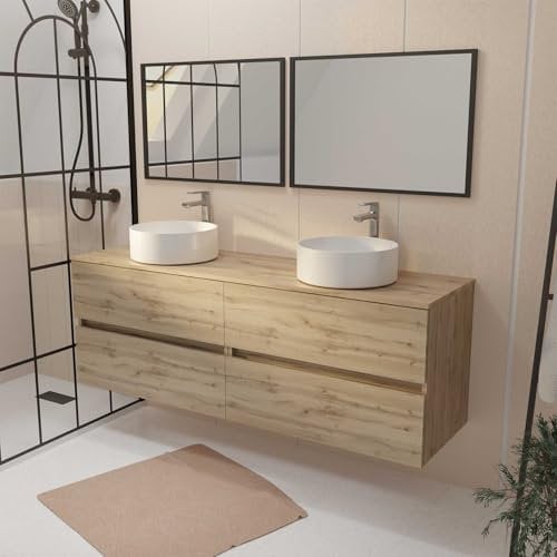 AURLANE Mobile bagno 160 Timber Decor Rovere 4 cassetti piano lavabo da appoggio bianco 2 specchi 75x55