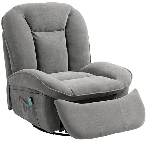 HOMCOM Relaxsessel, Fernsehsessel mit Liegefunktion, Schaukelfunktion, Drehbarer TV-Sessel mit Fußteil, Seitentasche, Chenille-Optik für Wohnzimmer, bis 150 kg, Dunkelgrau