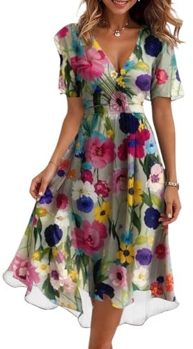 Robe De Cérémonie pour Femme Ronde Boheme Dentelle Robe Longue Femme Chic Et Elegant Cocktail De Cérémonie Vetement Ete Manches Courtes Fluide Légère Grande Taille Summer Dress(Multicolore,L)