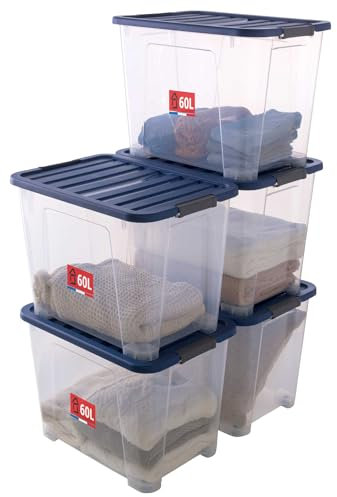 Sundis Wave Box, 5 cajas almacenaje con tapa, 60l de capacidad, plastico transparente, apilables, ideales para para ordenar el dormitorio, los juguetes, la oficina, el ático o el garaje