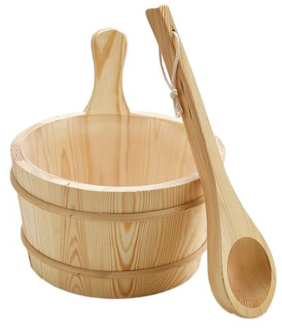 Secchio per sauna in legno, secchio e mestolo in legno, con manico lungo, set con cucchiaio e bucket, a tenuta stagna, capacità 4 l, strumenti da bagno W0oden per casa, giardino, casa, hotel