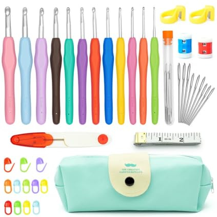 Häkelnadel Set 41-teilig, Ergonomisch 2,0–8,0 mm, Klassisches Set | Ergonomische Häkelnadeln mit Softgriffen, Größen 2–8 mm, Zubehör & Aufbewahrungstasche für Anfänger und Fortgeschrittene