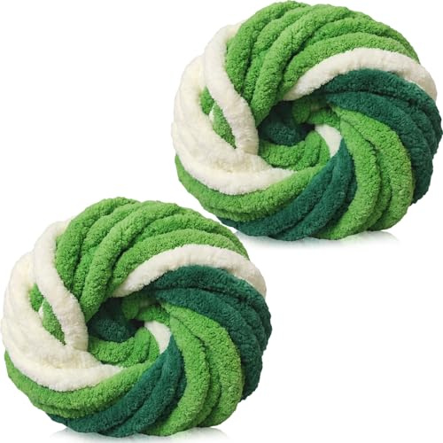 Xtrillogen 500g(2 x 250g) Dicke Wolle zum Stricken,Chenille Wolle zum Häkeln,Häkelgarn Baumwolle,Flauschig Chunky Yarn,Knitting Chenille Garn,Weben von Taschen,Schal,Decke,Mützen (Waldgrün)