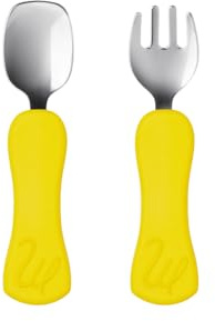 Mommy Great Stainless Steel Toddler Spoon and Fork Set, Easy-Grip Silicone Handles, Self-Feeding Baby Utensils for BLW, Rounded Edges, Dishwasher Safe (Yellow (French Fries))