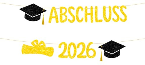 ABSCHLUSS 2026 Girlande Gold Glitzer mit Absolventenhut Motiven,2026 ABI Deko für Abschlussfeiern, Prüfung & Feierlichkeiten