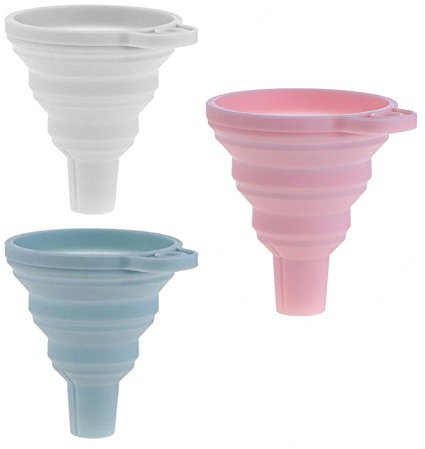 Akoak Portable mini silicone pieghevole imbuto, silicone flessibile trasferimento utensili per la cucina liquido e in polvere, confezione da 3, colore: Bianco, Rosa, azzurro