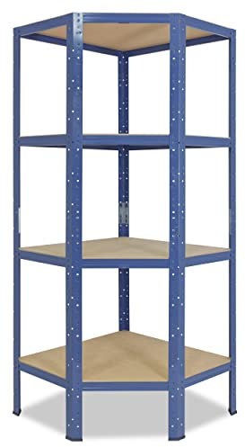 shelfplaza® 155x60x30cm HOME Eckregal Schwerlast blau/Metallregal Eckregal stehend 4 Böden je 175kg Tragkraft/Corner Shelf Schwerlastregal Ecke/Steckregal Schwerlastregal Eckregal