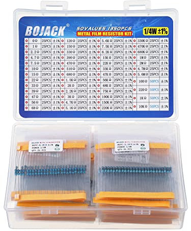 BoJack Widerstände Sortiment Kit 0 Ohm - 5,6M Ohm 1/4W Metallfilm Widerstand Resistor Kit (50 Werte 1350 Stück)