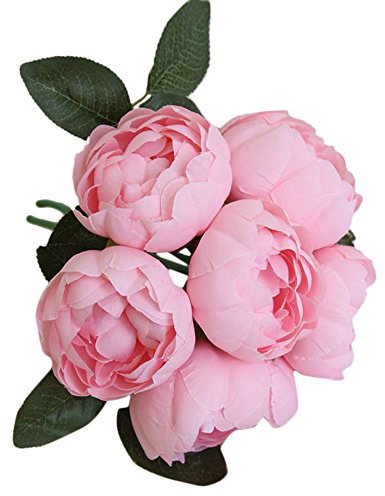 Lazzboy 1 Bouquet 6 Heads Artificial Peony Silk Flower Leaf Home Wedding Party Decor(B)