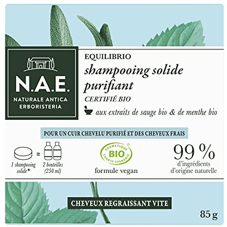 N.A.E. - Shampoing Solide Certifié Bio - Purifiant Cheveux Gras - Extraits de Sauge Bio et de Menthe Bio - Formule Vegan - 99 % d'ingrédients d'origine naturelle - Savon de 85 g