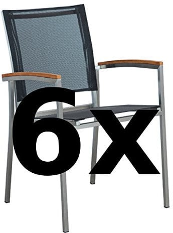ALEOS. 6Stk Designer Gartenstuhl mit Armlehne Kuba-SCHWARZ Gartensesse Stapelsessel Stapelstuhl Sessel Edelstahl Batyline Textilene Teak stapelbar sehr robust Gastroqualität