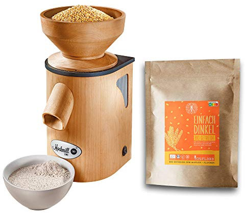 Getreidemühle Mockmill Lino 200 | Made in Germany | Edelkorund und Keramik Mahlstein | frisches Mehl | (Lino 200 + 2,5 kg Bio Dinkel)