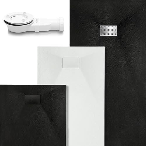 VILSTEIN Duschwanne 80x80 cm Weiß – Flache Duschtasse, Duschwanne in Steinoptik, Schieferoptik, rutschhemmend, bodengleich, zuschneidbar [optional mit Siphon & Edelstahl Abdeckung]