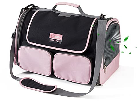 PETCUTE Hundetransportbox,Atmungsaktiv Katzen Tragetasche Faltbare Hundebox Tragetaschen Katze Transportbox mit Weicher Matratze, Katzen transportboxen mit Schultergurt,Airline Zugelassen Rosa