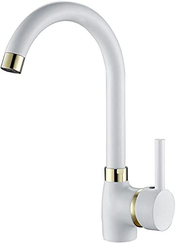 Hapilife White Kitchen Taps Mixer Single Lever White Kitchen Sink Mixer Tap 1 Hole with Gold Accents 360° Swivel Spout Modern Monoblock Hot Cold Faucets with UK Standard Fittings