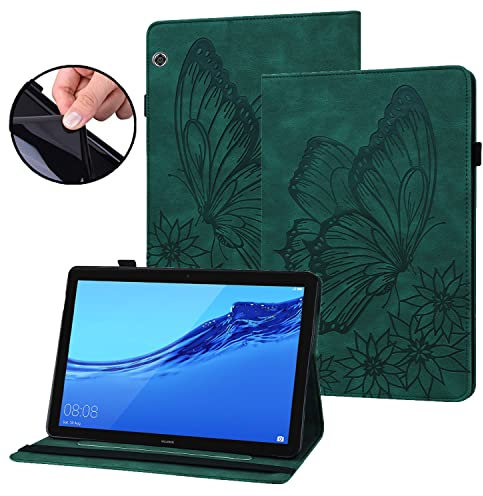 Rostsant Coque Huawei T5 10 Papillon en Relief Etui en Cuir PU Portefeuille Porte-Stylo Tablette Housse de Protection pour Huawei Mediapad T5 10.1 Pouces 2018 AGS-L09/AGS-L03/AGS-W09 - Vert Foncé