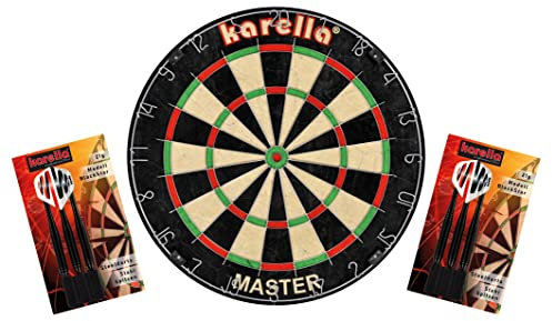 Karella Dartboard Master im Set, inklusive 2 Satz Steeldart Blackstar & Dartmatte Eco-Star, perfektes Dart-Set