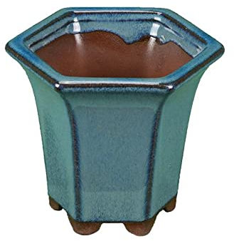 Maceta de bonsái de gres hexagonal (estilo cascada) vidriado azul-verde oscuro 7,5x7,5x8 cm - XC011